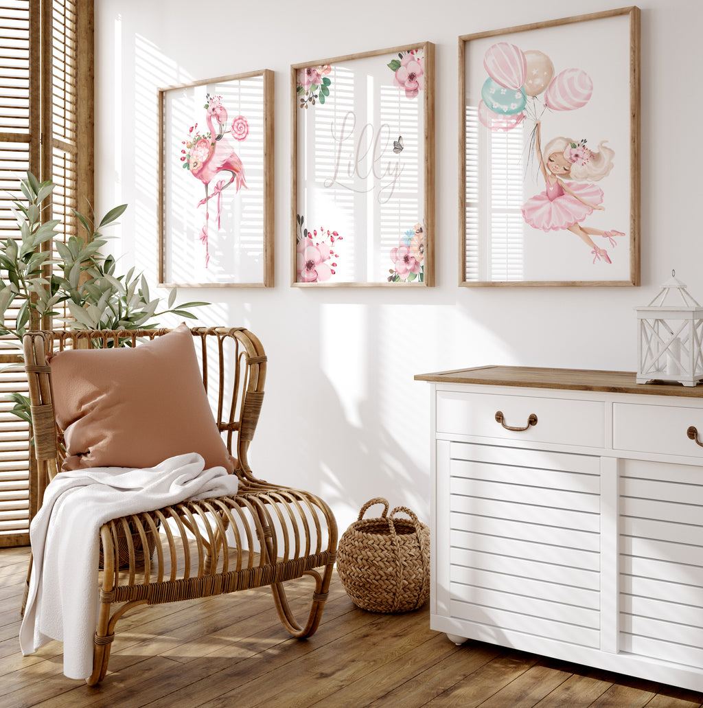 Girls wall art set ballerina and flamingo with a customisable name print