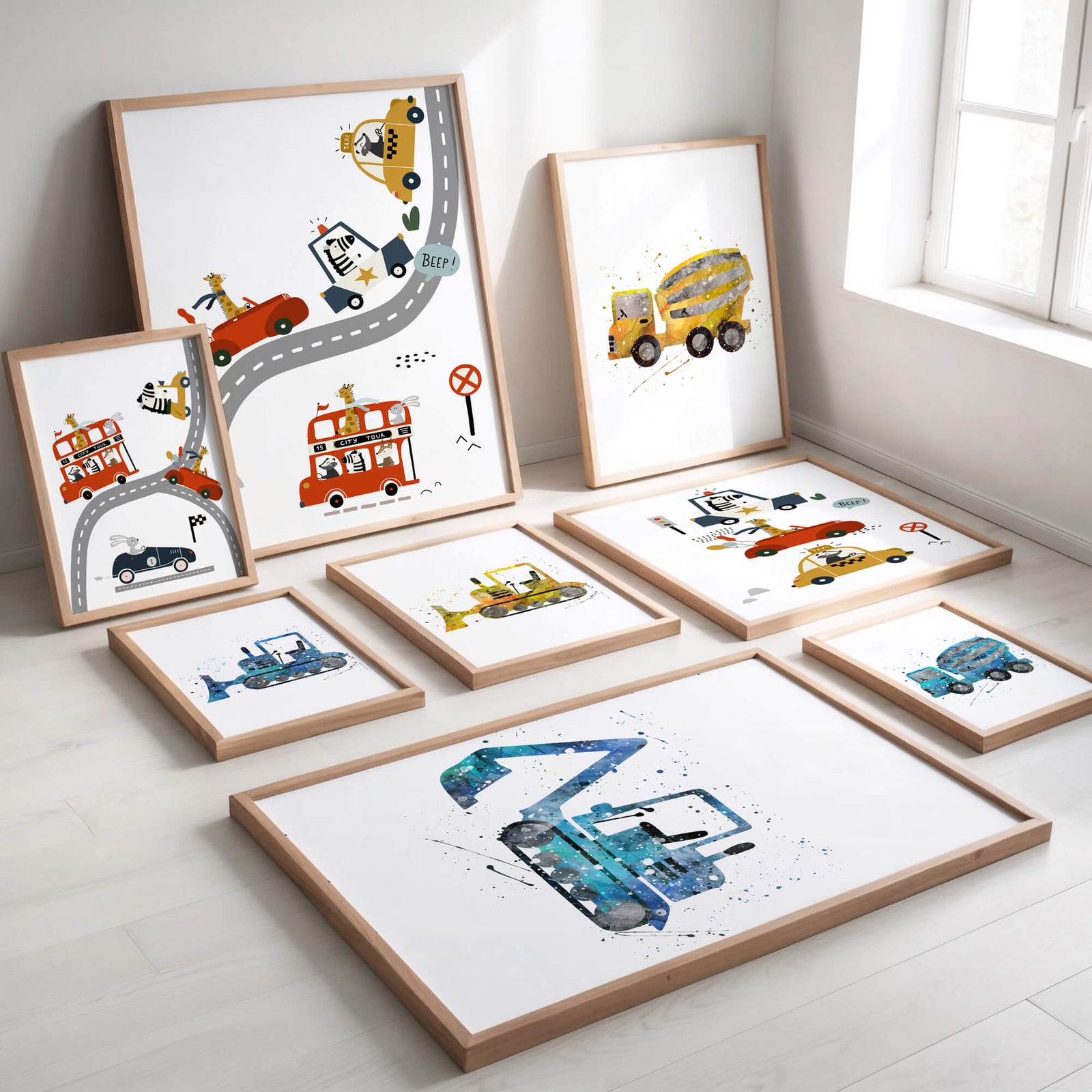 Boys Trucks and Cars wall art collection of transportation nursery prints