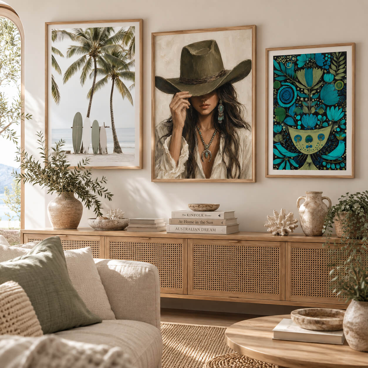 New wall art collection featuring coastal, western and botanical art prints styled in a modern Australian home