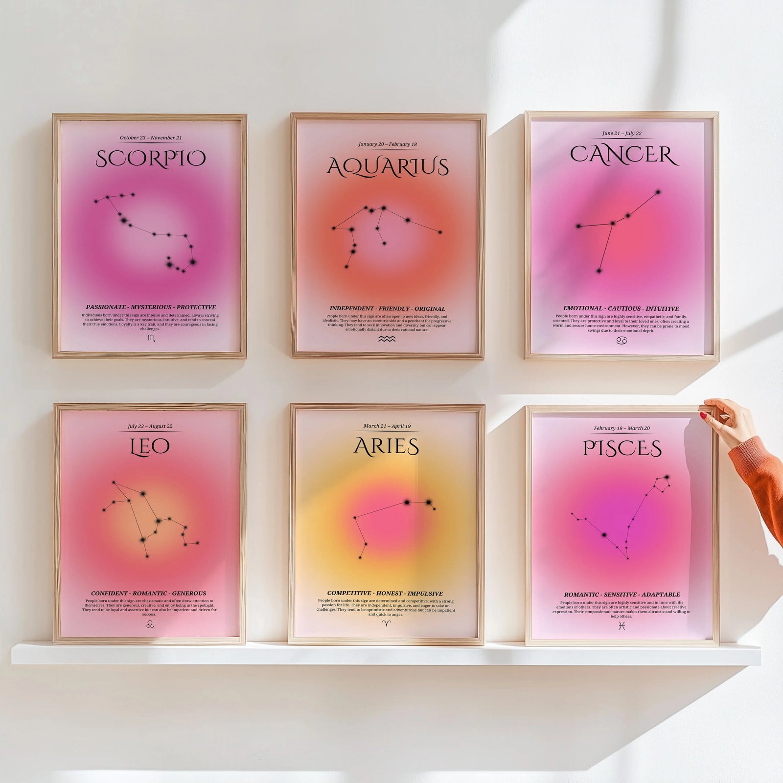 Zodiac art prints featuring modern pink star sign astrology wall art for teens and tweens