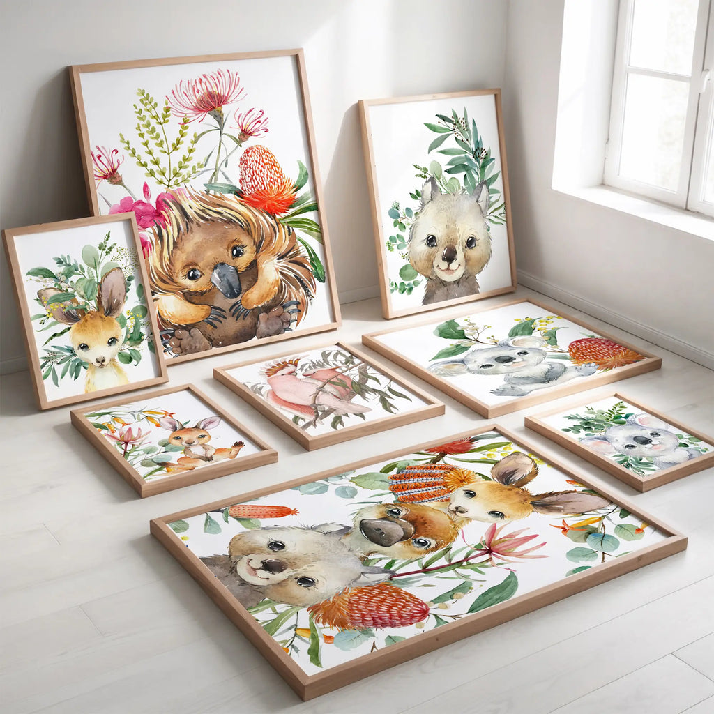 Australian animal wall art prints featuring koalas and kangaroos for nursery decor