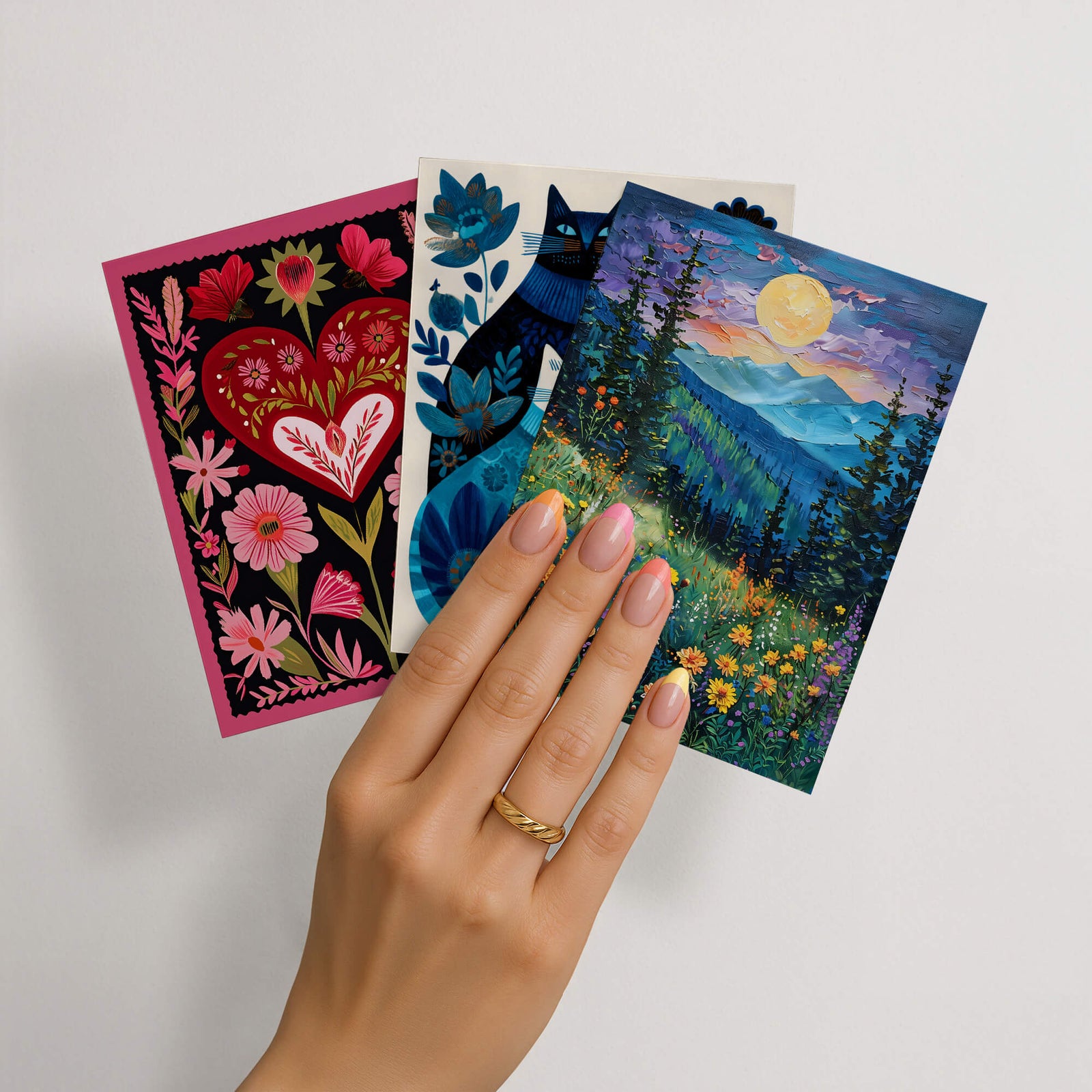 Hand holding three mini art prints with different designs
