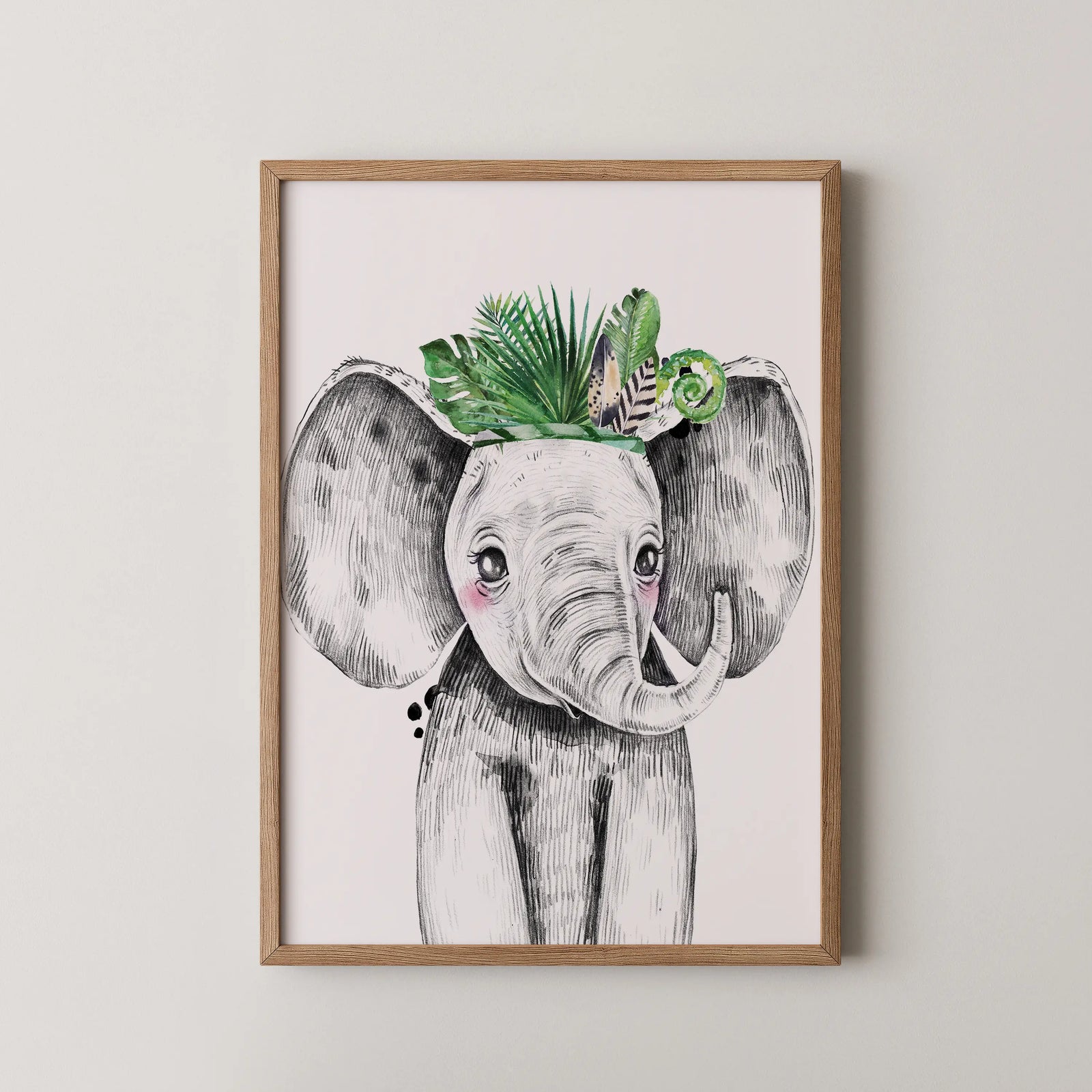 Safari elephant nursery wall art with tropical green foliage crown