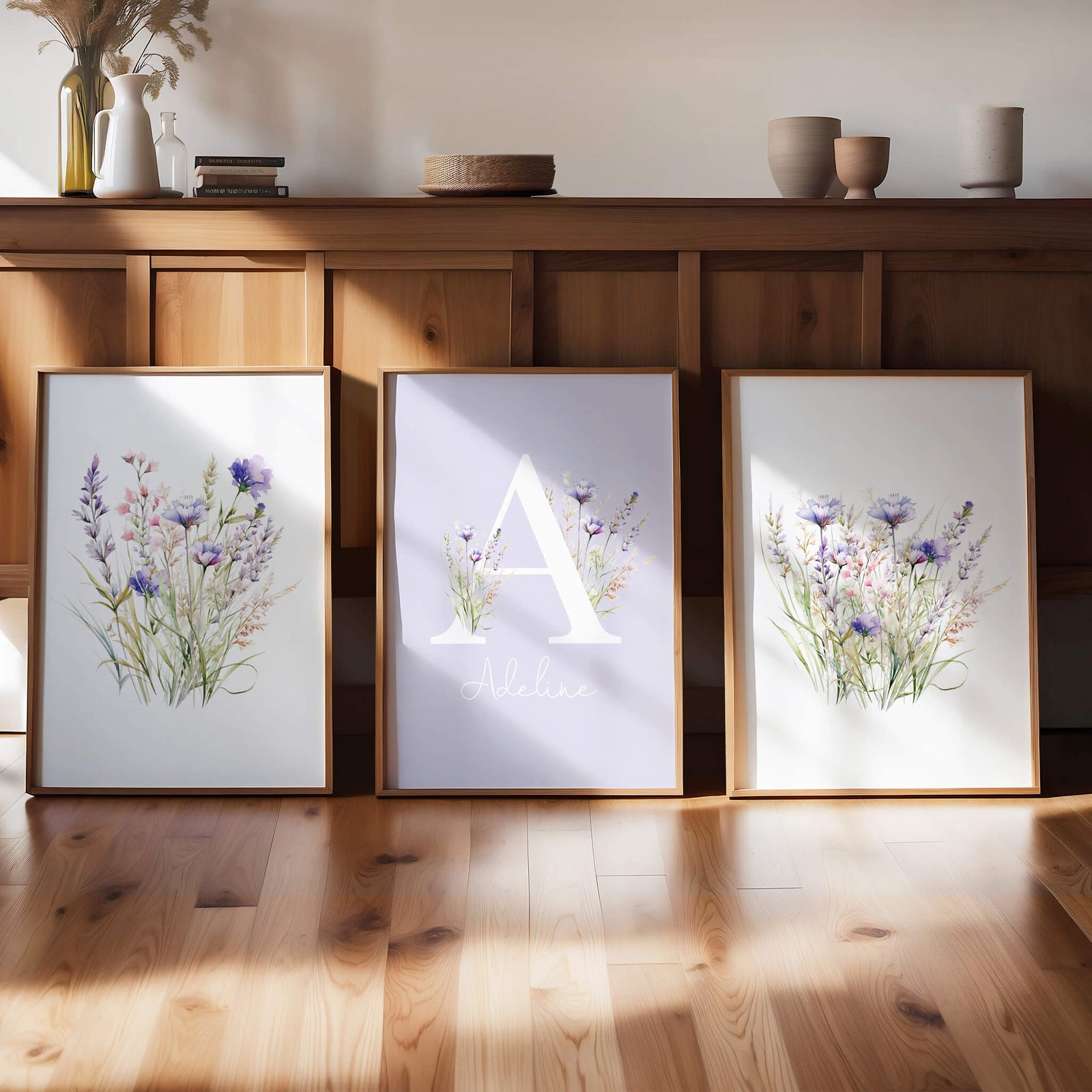 Set of three nursery wall prints, with a customised name and  floral wildflowers 