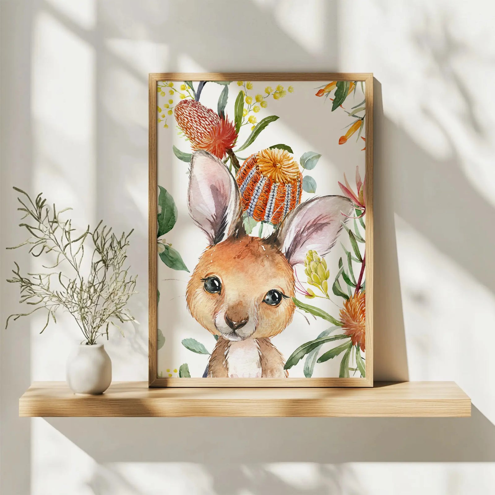 set of three printed prints kangaroo koala wombat Australian animals wall art prints with eaucalyptus  and australain native foliage