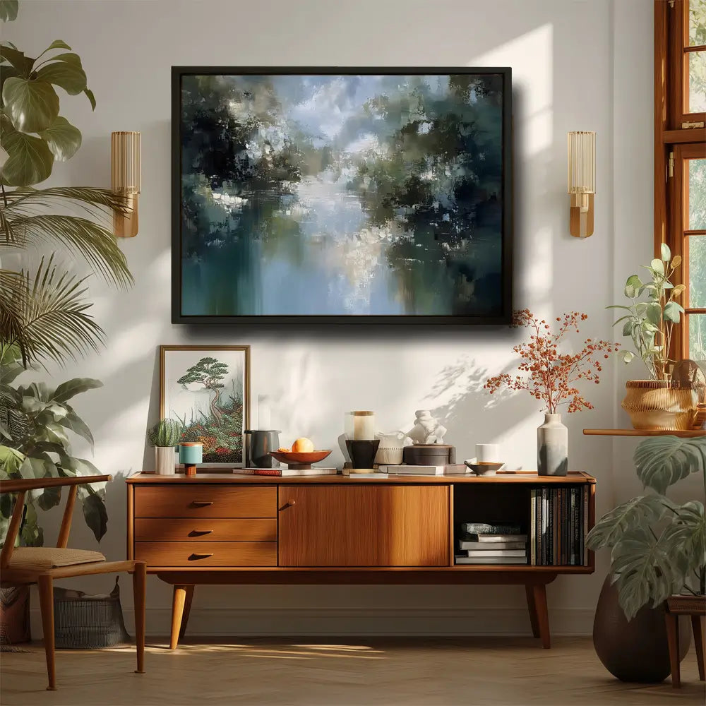 Abstract landscape painting in green and blue tones reflecting a peaceful twilight scene