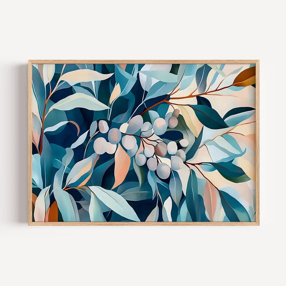 Australian botanical artwork featuring stylised gum leaves and native seed pods in blue and neutral colours in an oak frae