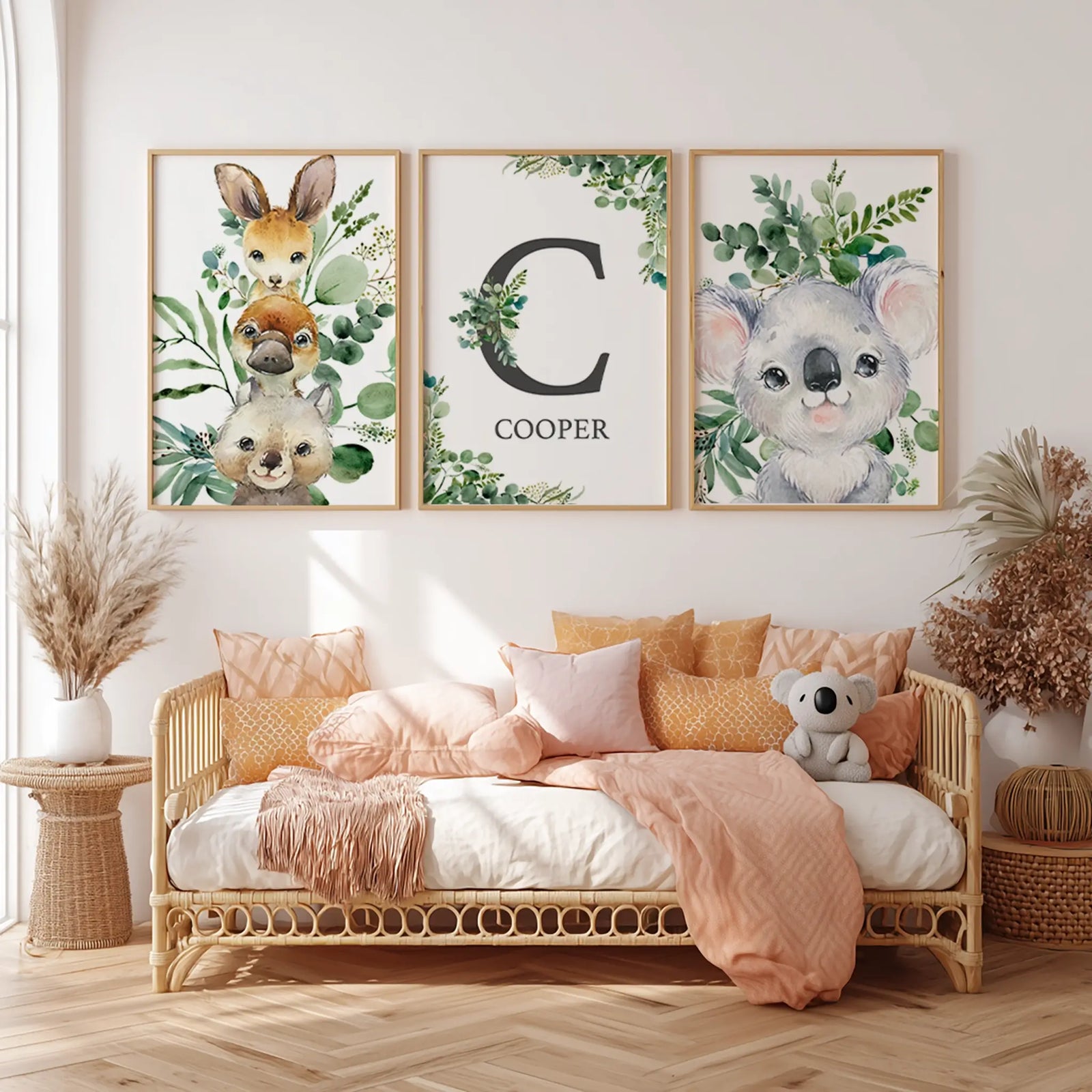 Set of 3 baby animal wall prints styled in a modern nursery