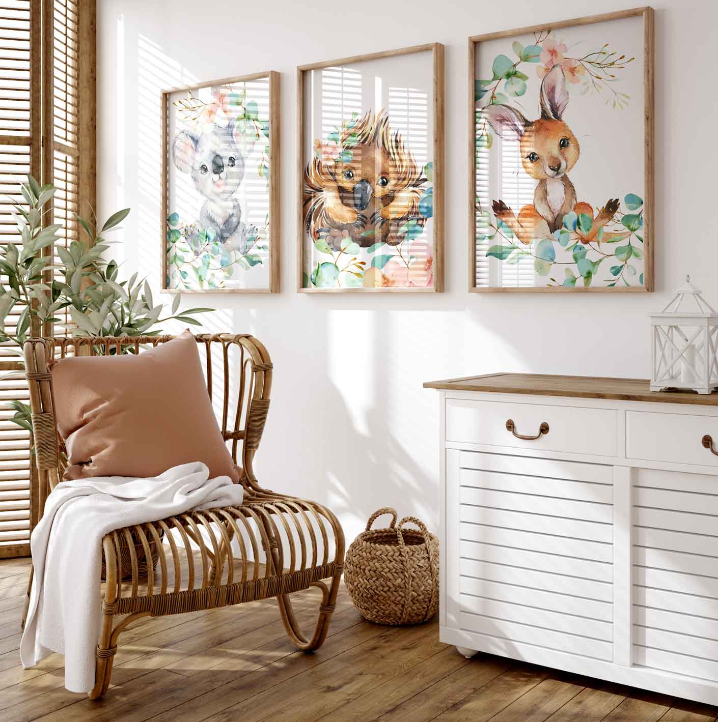 Baby animal nursery prints set with koala, kangaroo, and echidna with eucalyptus and peach floral
