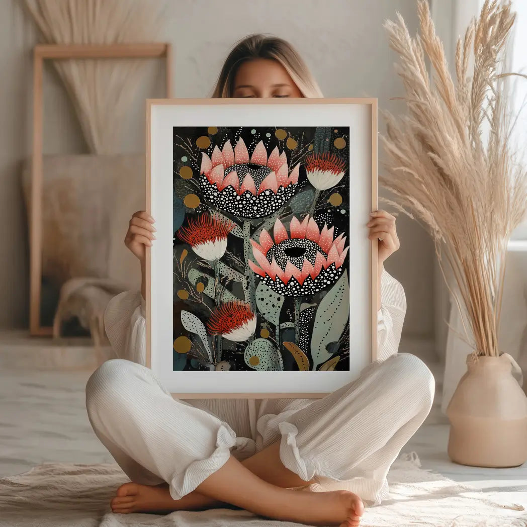 Australian abstract botanical wall art print with native flora and fauna in earthy tones