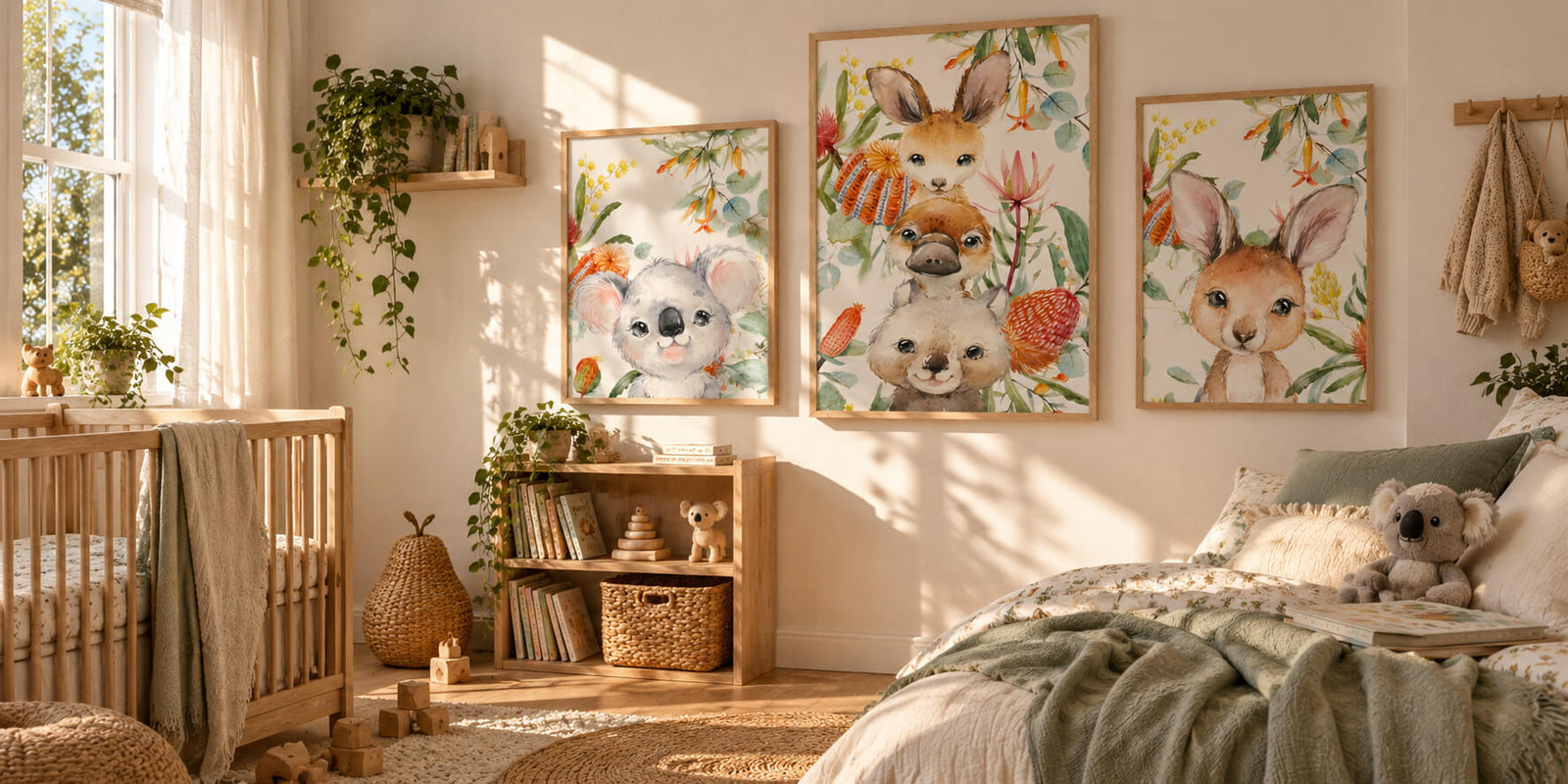 Australian animal wall art featuring koala, kangaroo, platypus and wombat prints displayed in a sunlit modern nursery