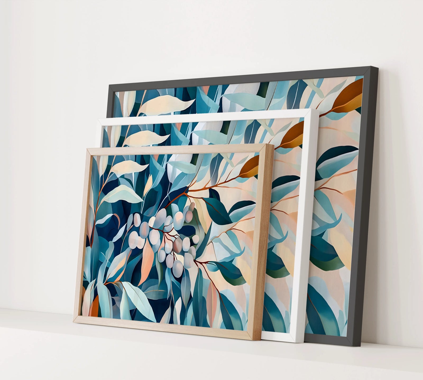 Modern eucalyptus gum leaf wall art print with soft blue, green, and peach tones