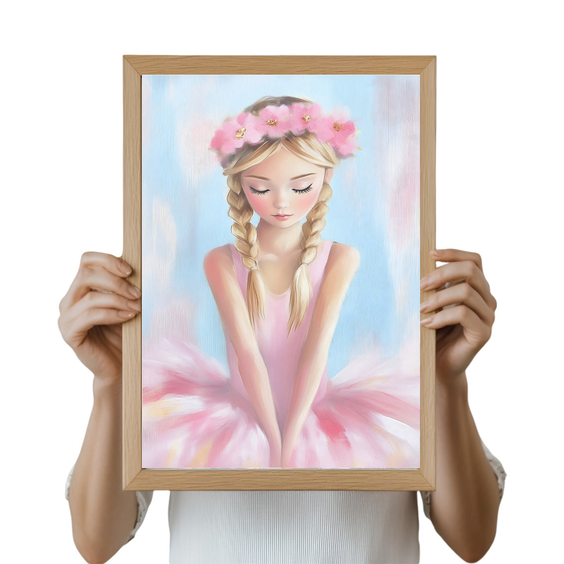 illustration of a ballerina with a floral headband held by hands against a blue background.Digital download
