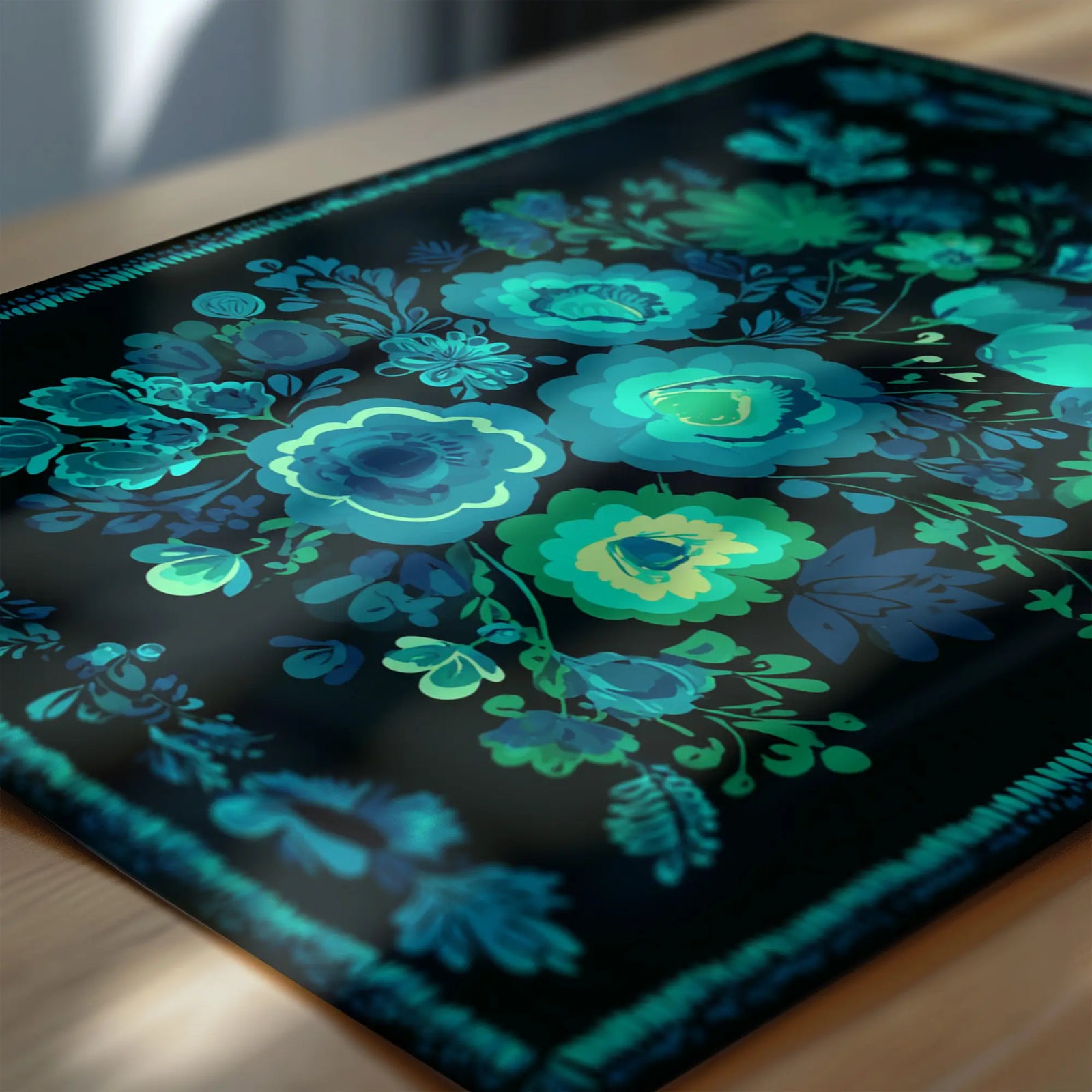 Mexican folk floral art print in black and green colour palette