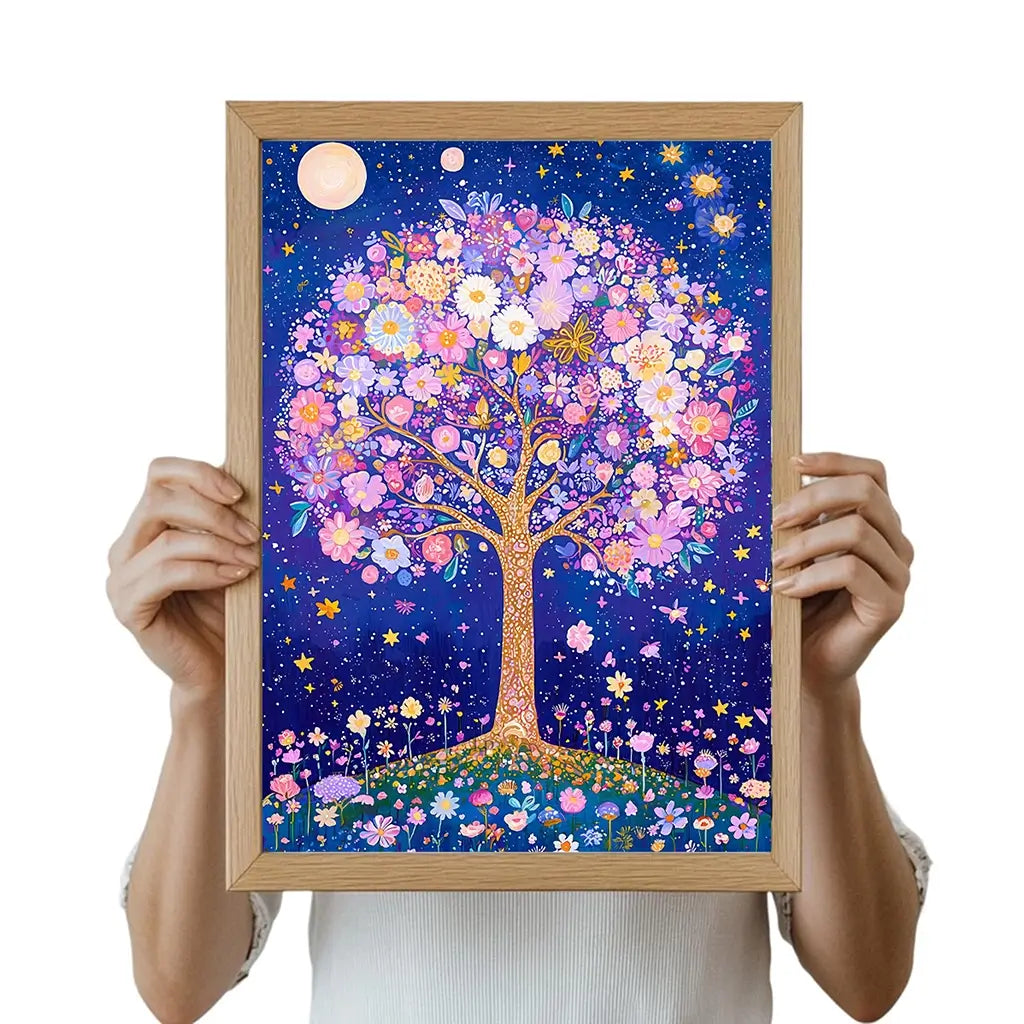 Whimsical tree artwork filled with pastel flowers against a starry night sky