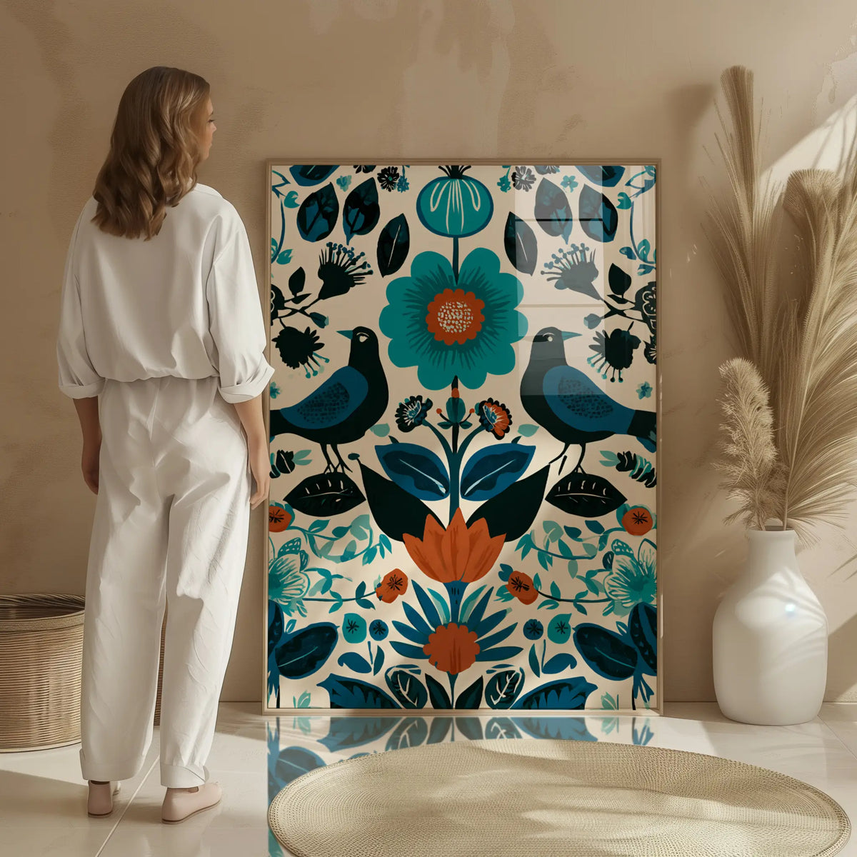 Blue and white Mexican inspired wall art with floral and bird motifs