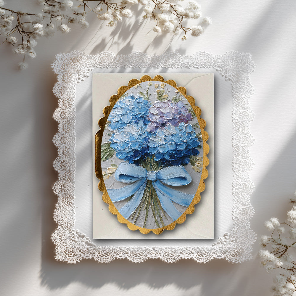 Decorative card with blue flowers and a bow