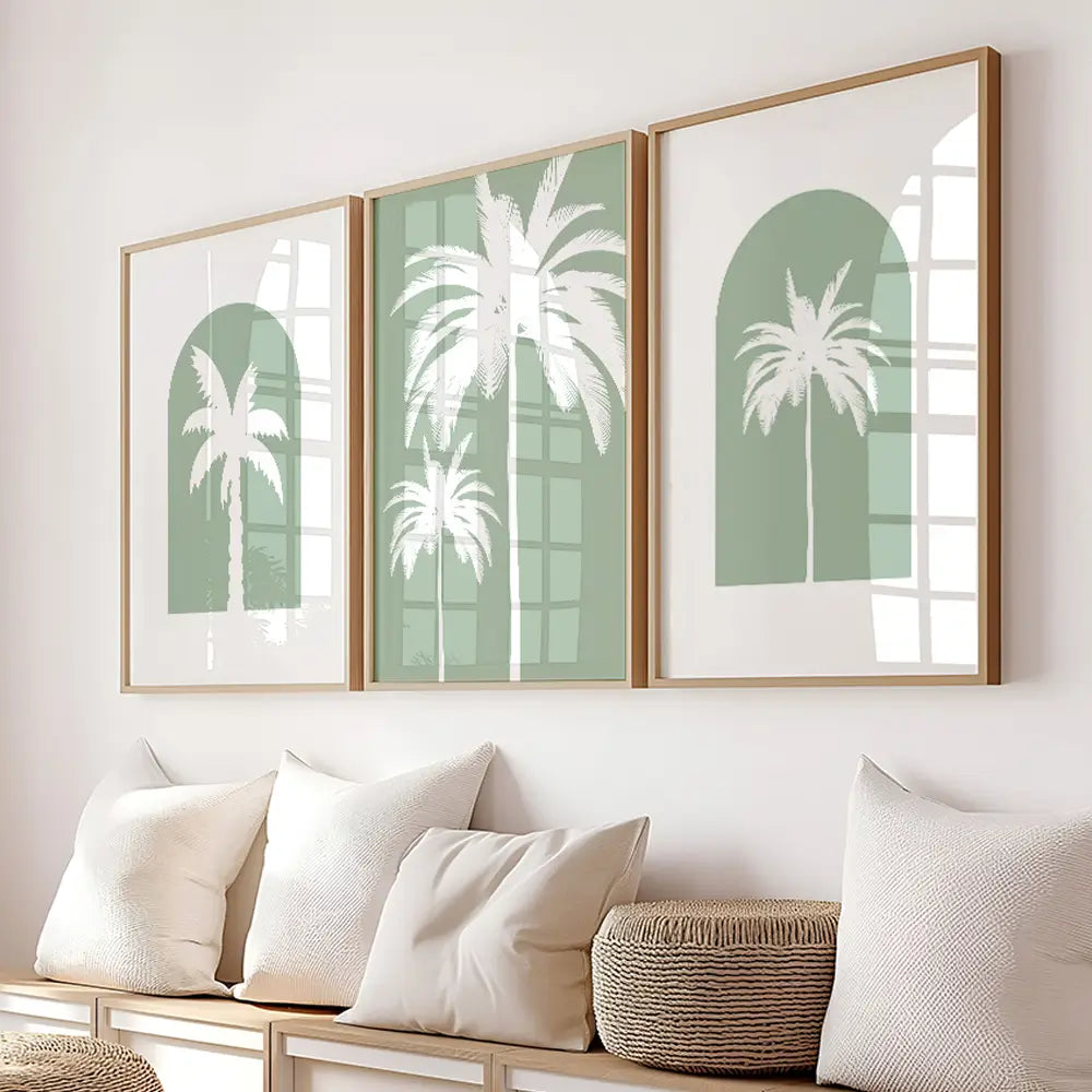 Botanical palm tree wall art set of three in soft green tones