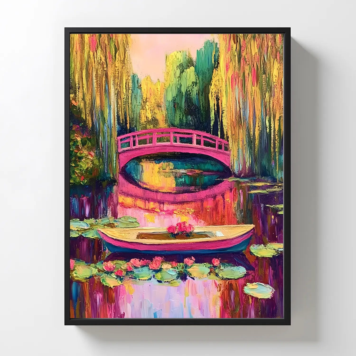 Bright impressionist lily pond wall art with pink bridge and flowers