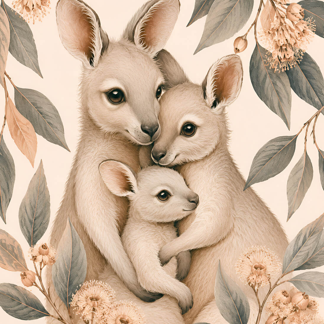 Neutral Australian animal wall art for baby nursery in soft eucalyptus tones