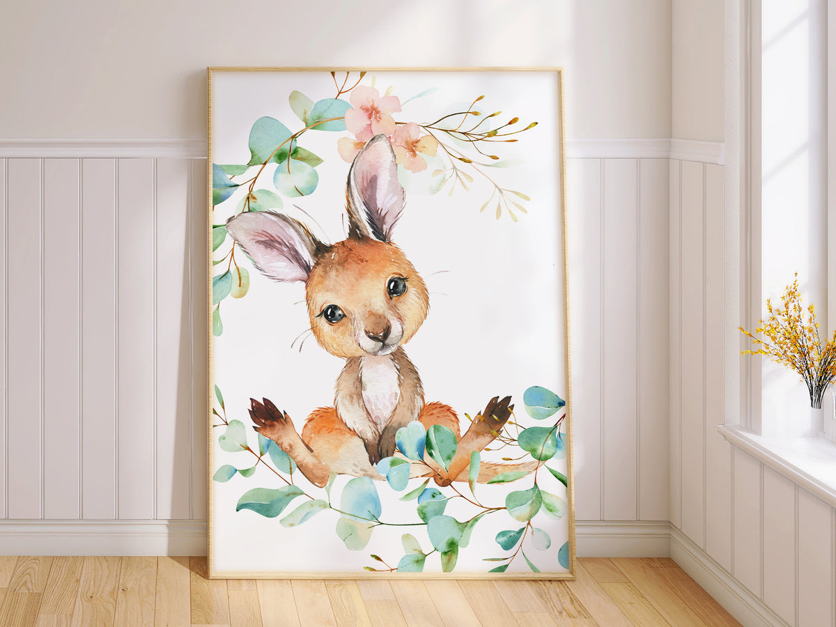Australian Baby Animal Wall Prints with peach floral eucalyptus