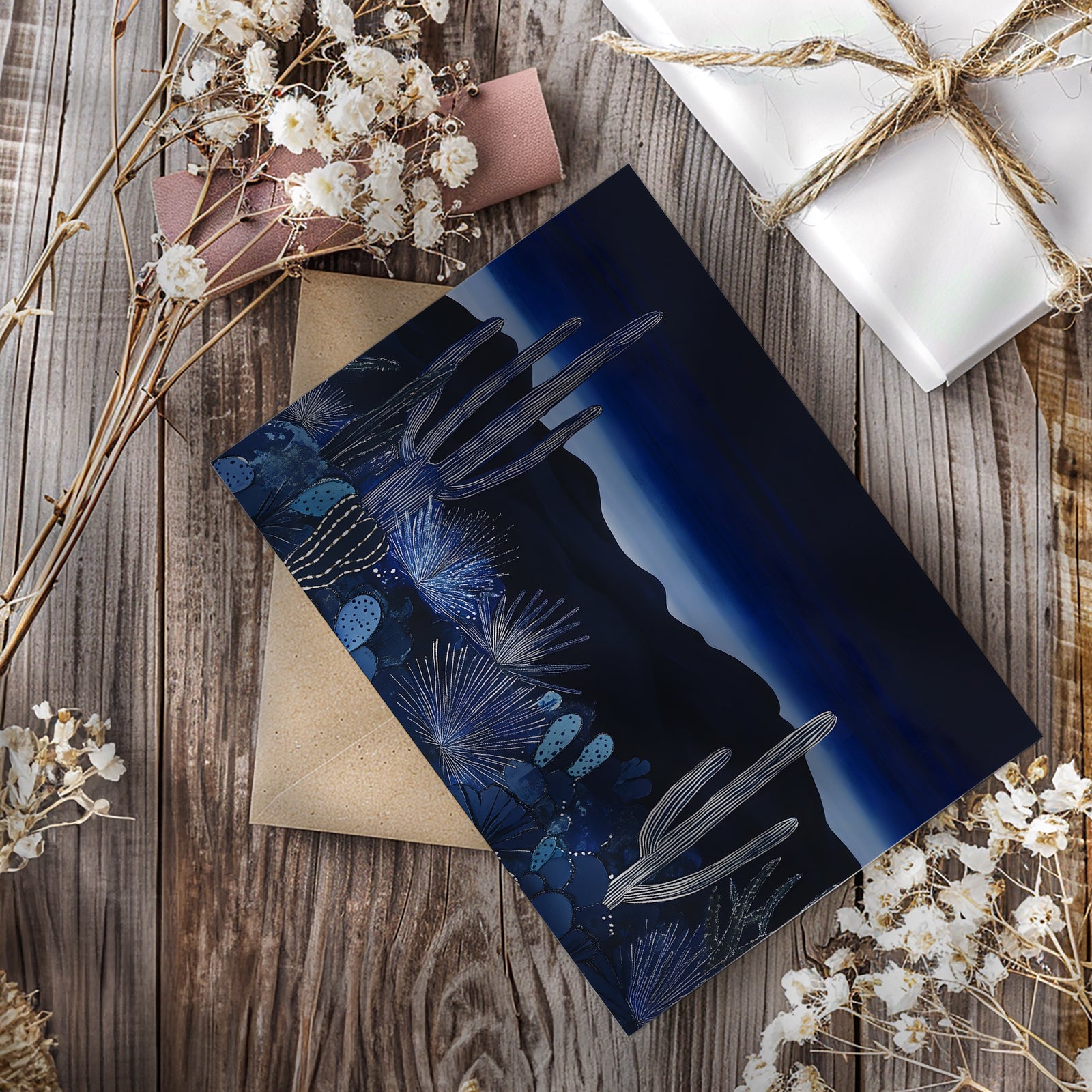 Moody desert landscape wall art with dark blue evening tones