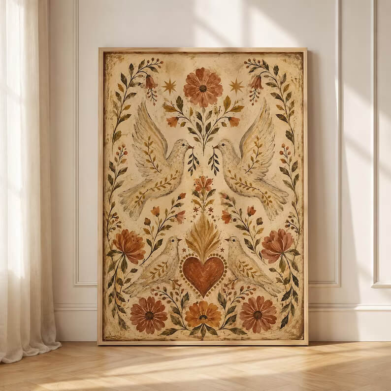 Celestial dove wall art print featuring white birds, a sacred heart, stars and vintage botanical flowers in earthy tones.