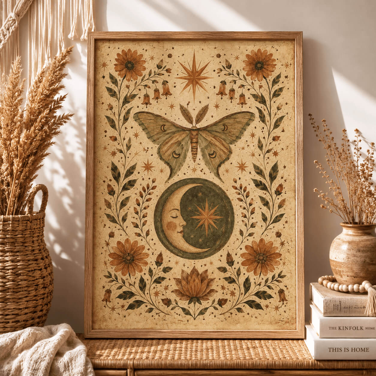 Celestial moth wall art print featuring a crescent moon, stars and vintage botanical flowers in warm earthy tones.