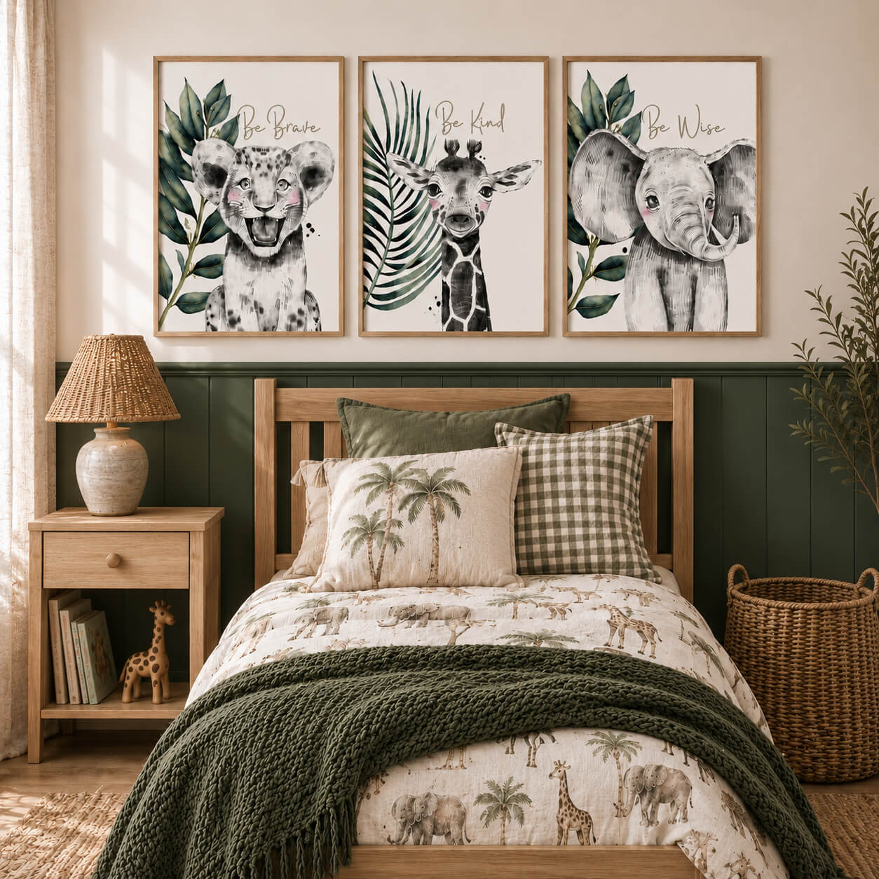 Safari animal nursery wall art set of three with lion cub, giraffe and elephant featuring Be Brave, Be Kind and Be Wise