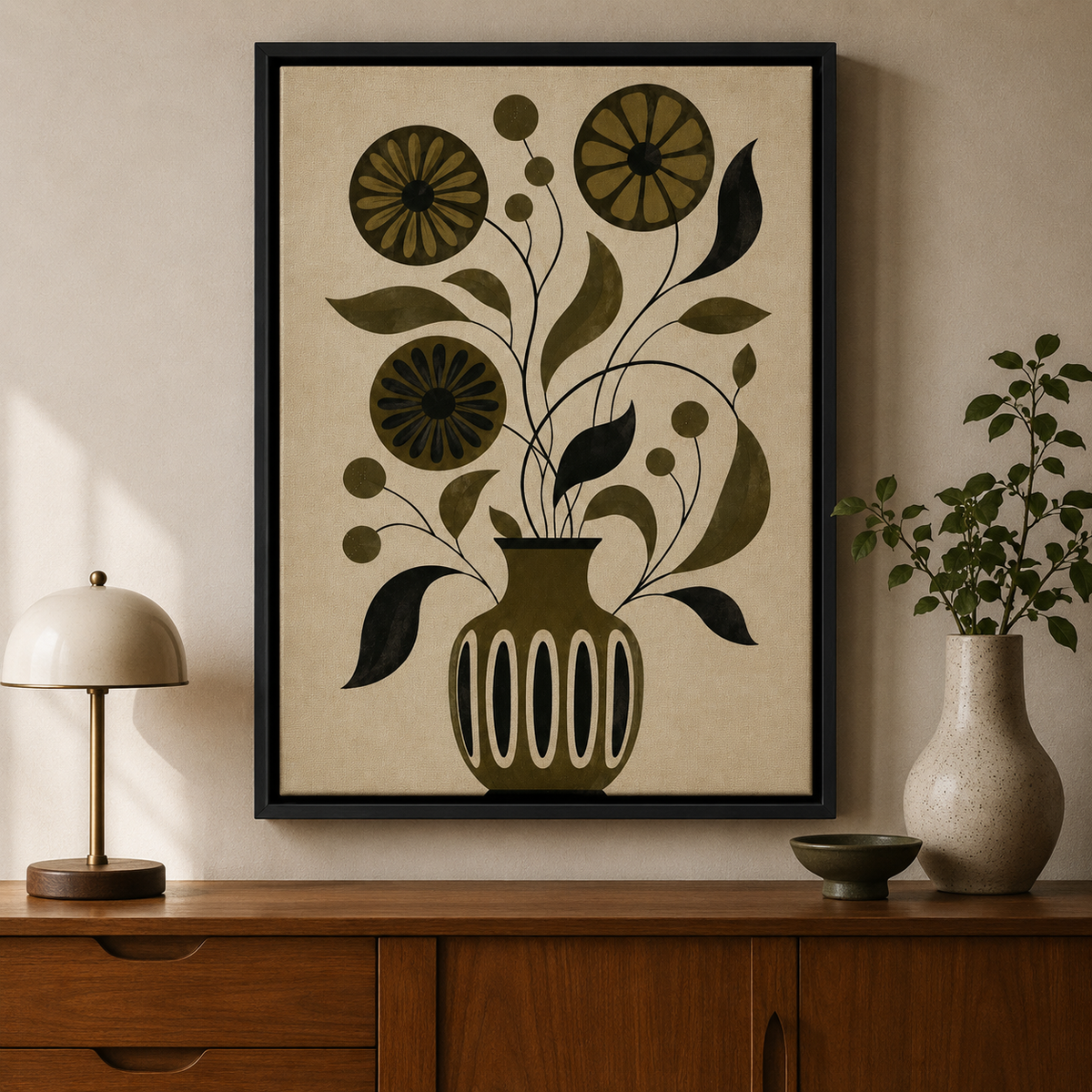 Mid century floral artwork in olive, cream and black featuring a decorative vase and modern botanical forms.