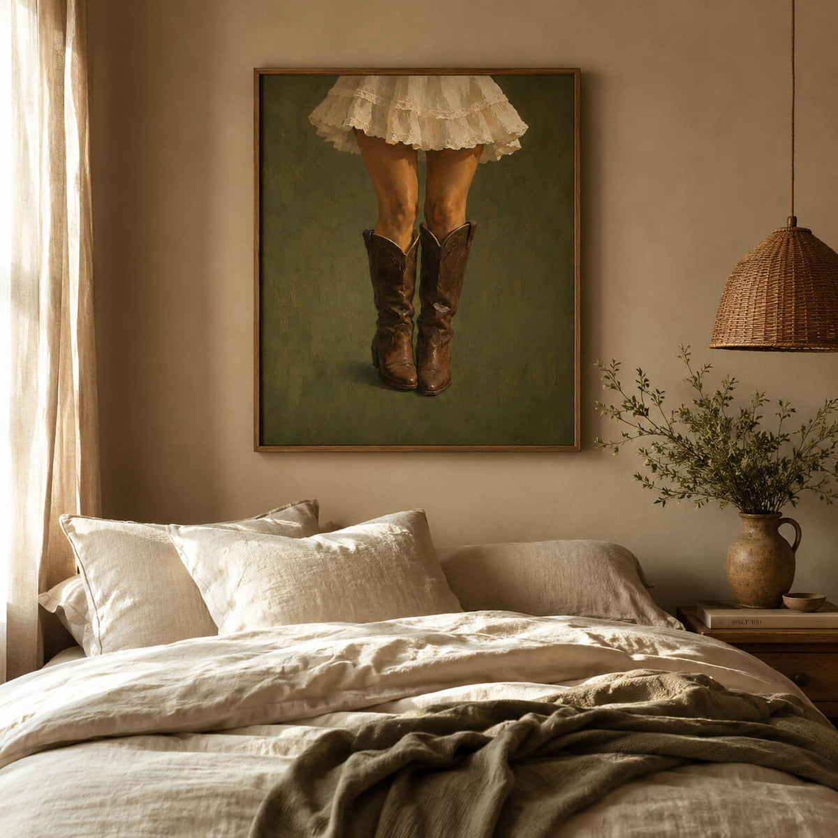 Southwestern cowgirl boots print with painterly texture.