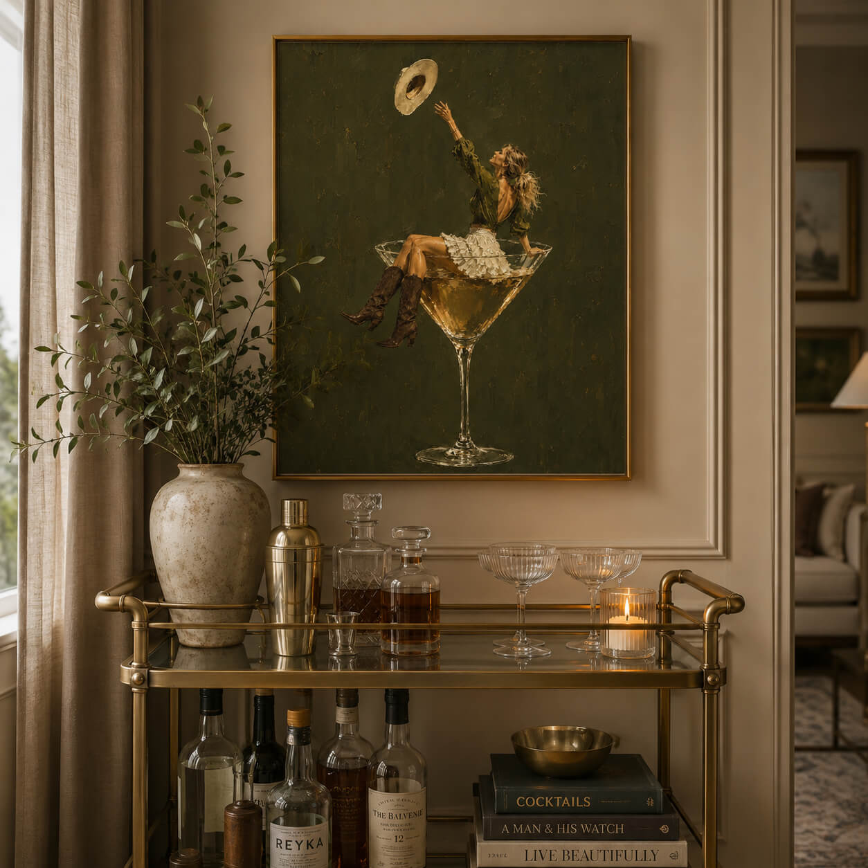 Cowgirl martini wall art featuring woman sitting inside cocktail glass