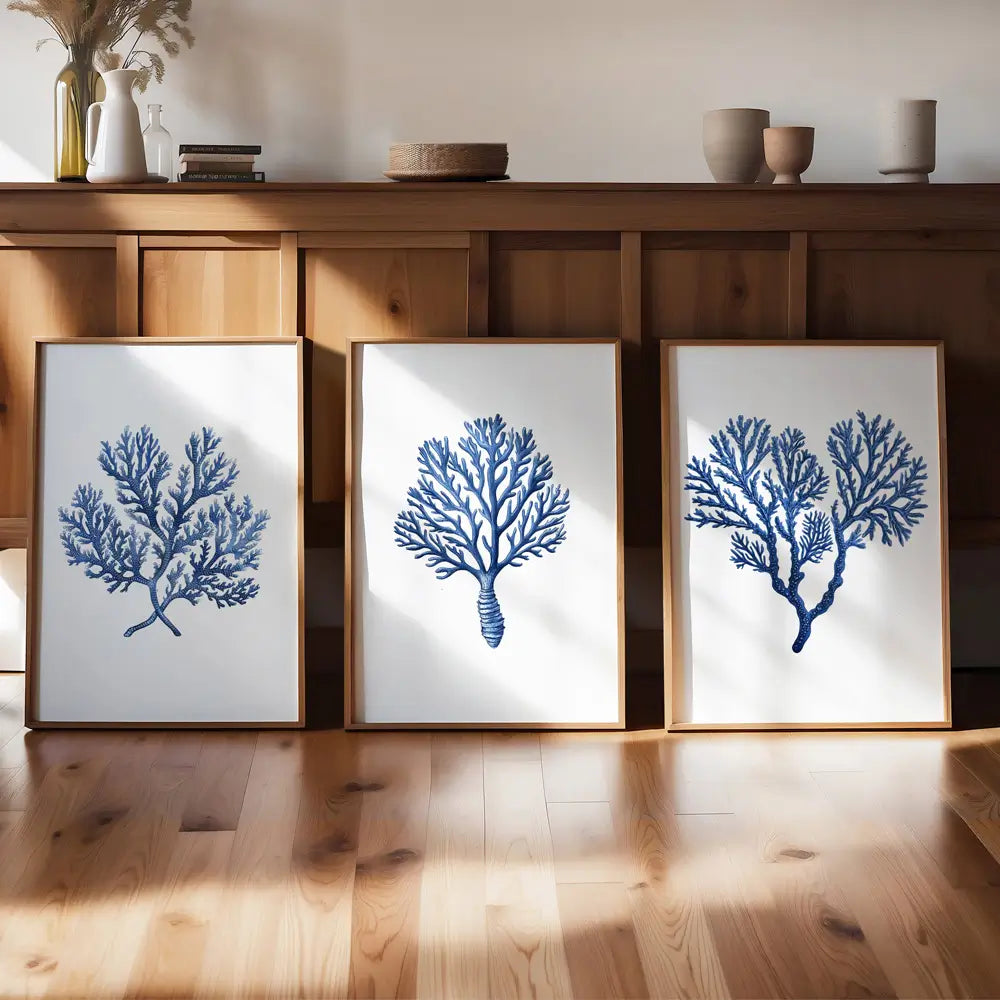 Coastal blue coral wall art set of three prints