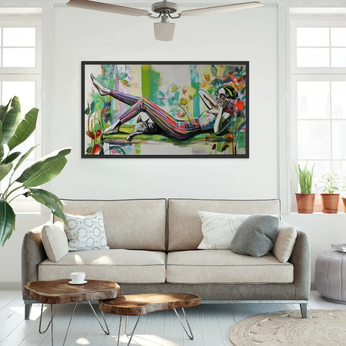 Colorful abstract female figure in striped pants with cat