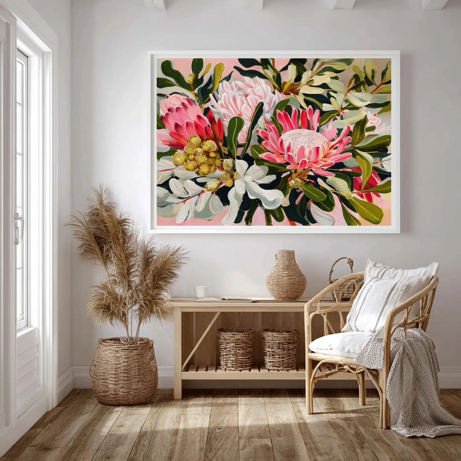 Botanical wall art print featuring pink proteas and eucalyptus leaves in a vibrant painterly style