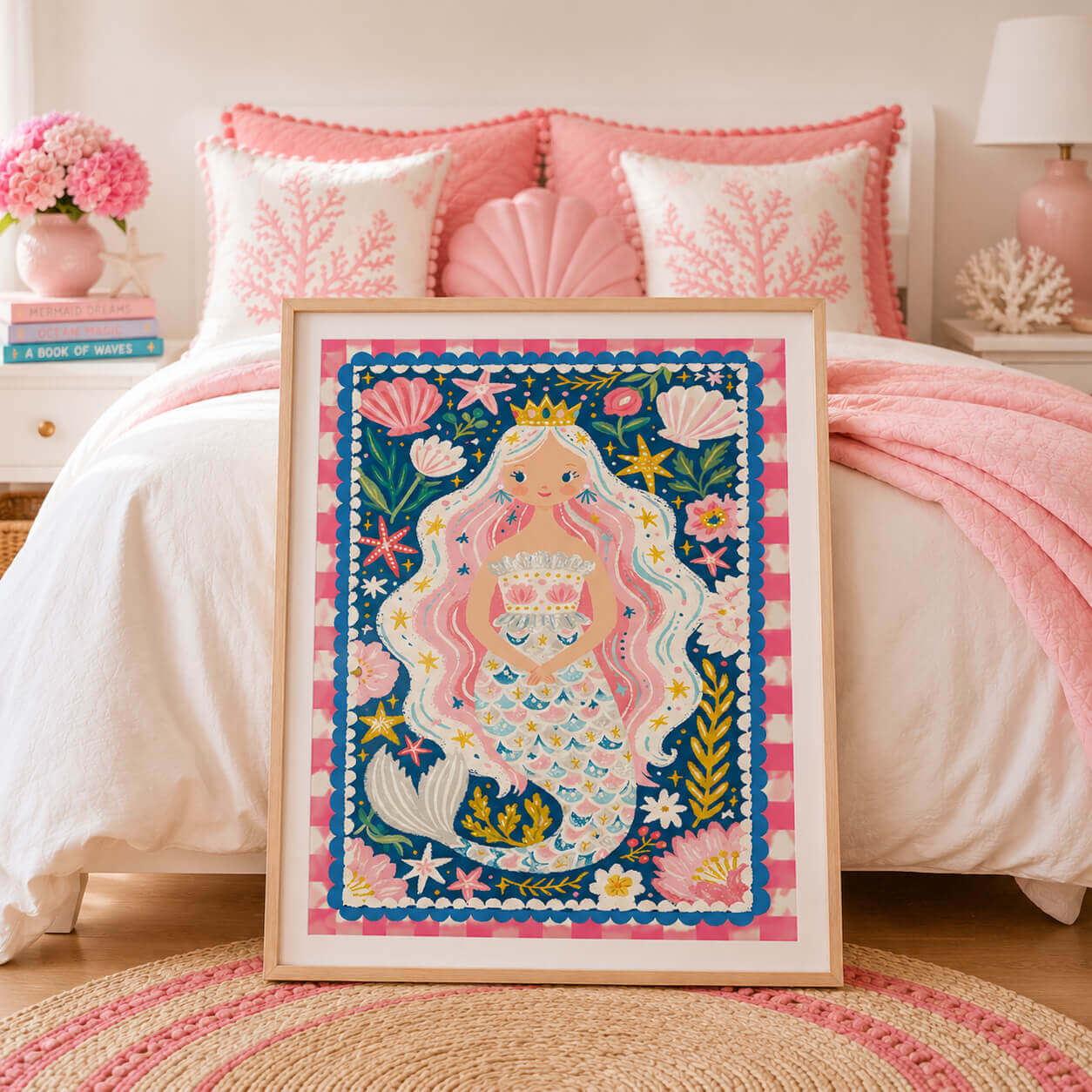 Whimsical mermaid wall art featuring a crowned pink-haired mermaid holding a seashell treasure chest.