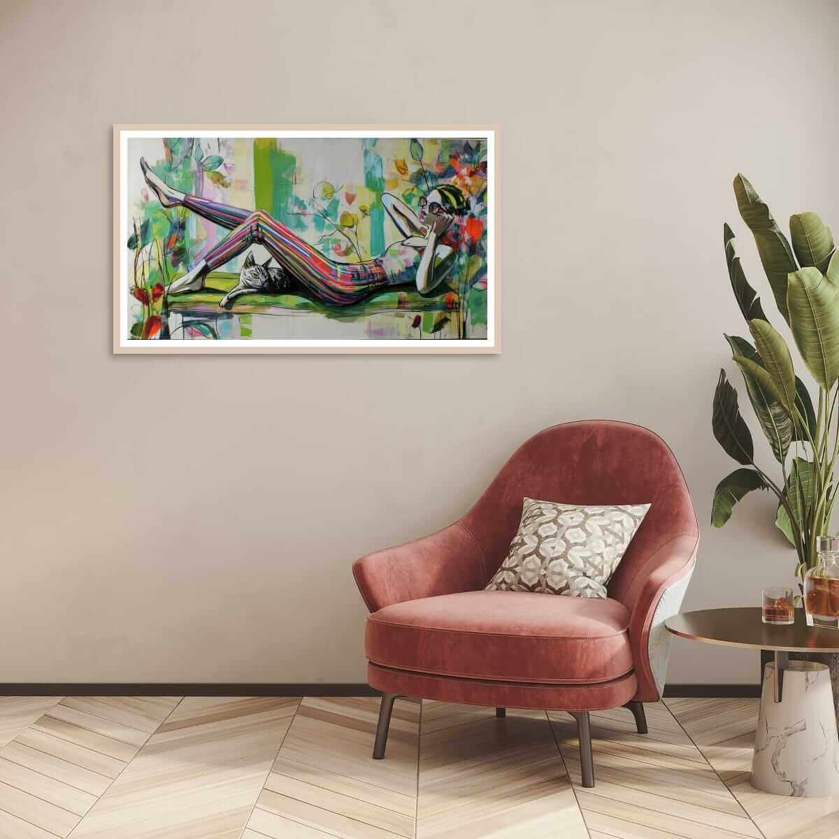 Contemporary wall art – woman lounging with phone and pet cat

