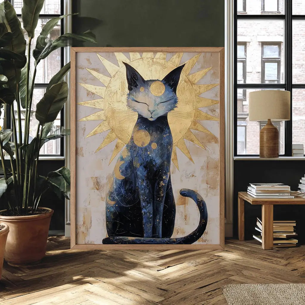 Celestial Cat wall art with gold sun and cosmic patterns