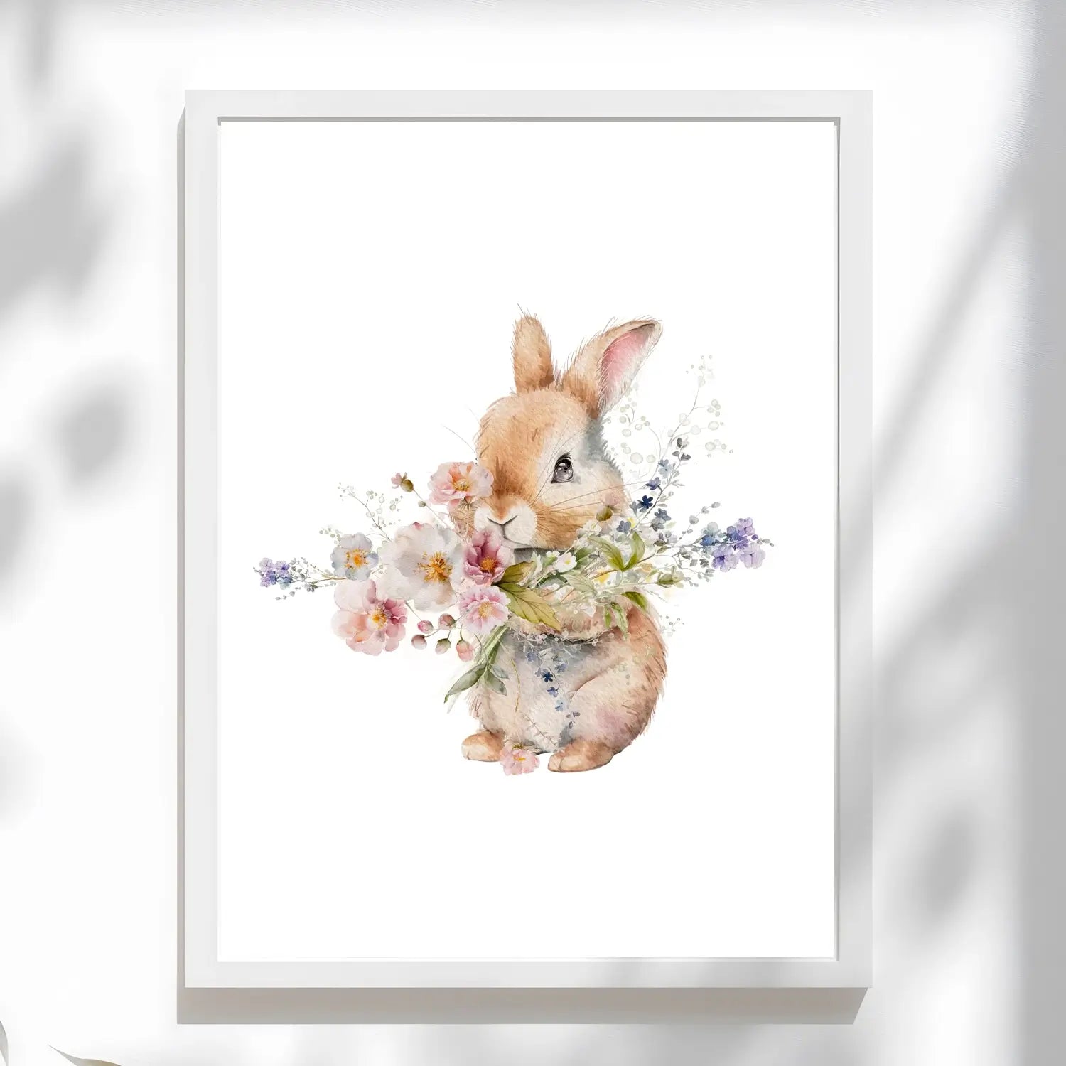 Watercolour bunny nursery print holding a bouquet of flowers in gentle tones – girls’ wall art