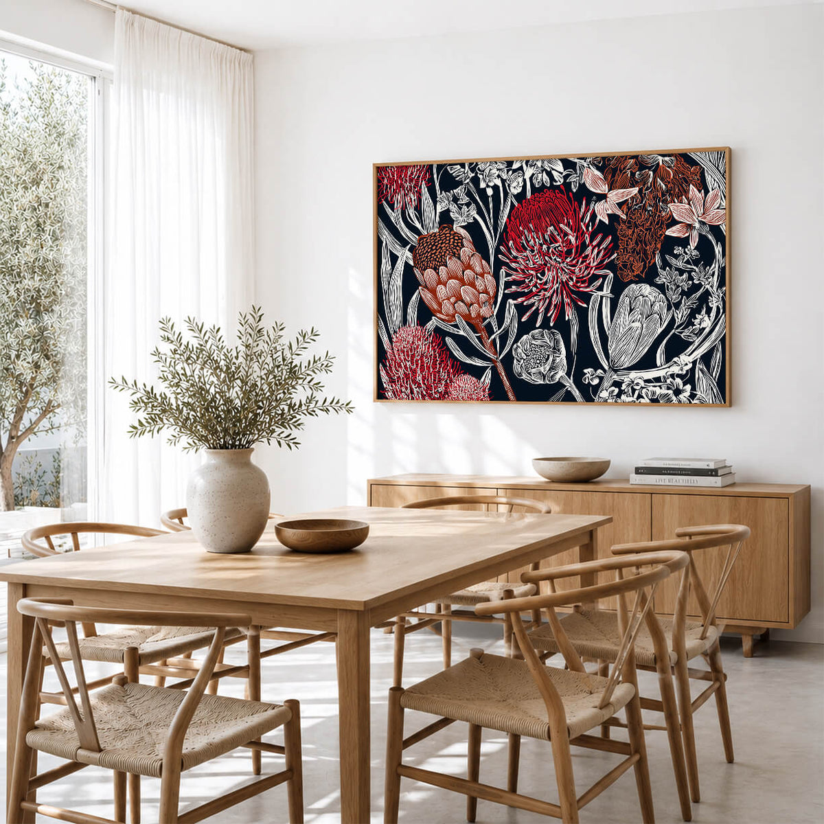 Contemporary Australian native flower framed canvas with detailed botanical illustrations in red, terracotta and ivory, perfect for modern homes.