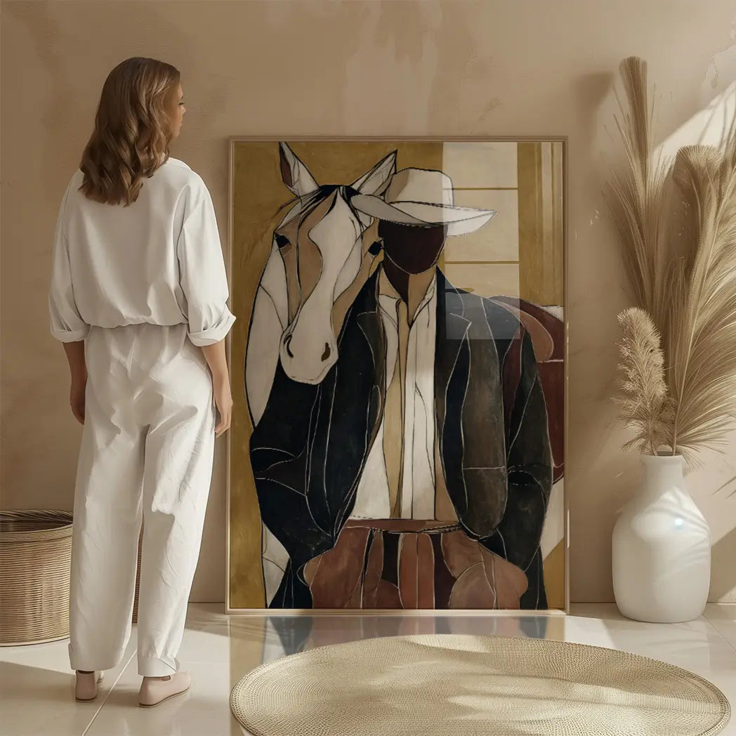 Earthy cowboy wall art print featuring rustic abstract design in warm natural tones