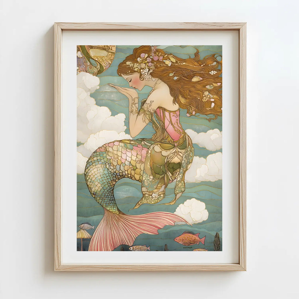 Elegant mermaid wall art with intricate scales, pink and gold costume, and flowing red hair in a whimsical underwater scene.