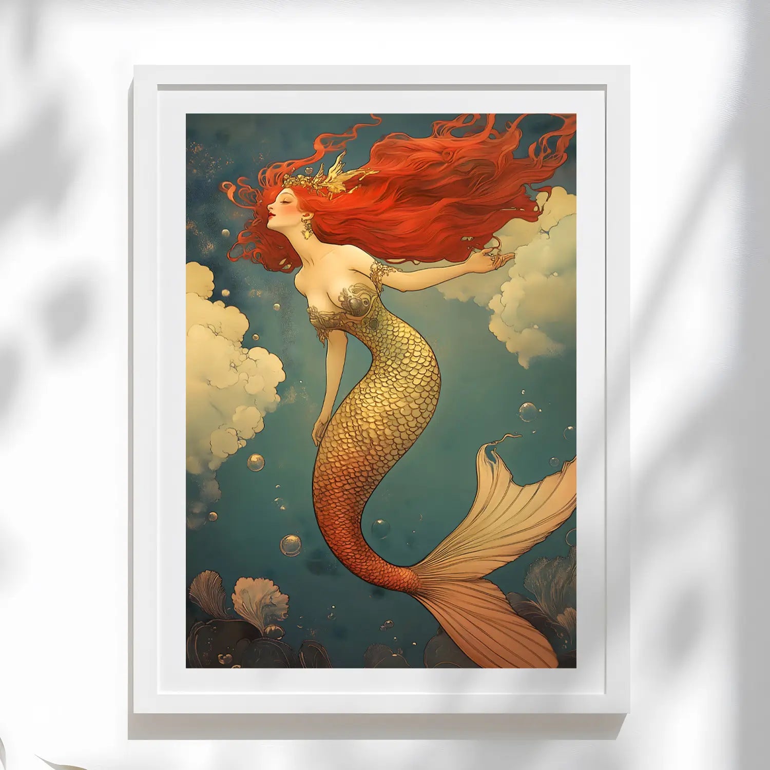 Elegant mermaid with flowing red hair and golden scales swimming underwater, wearing a crown in a dreamy fantasy ocean scene.