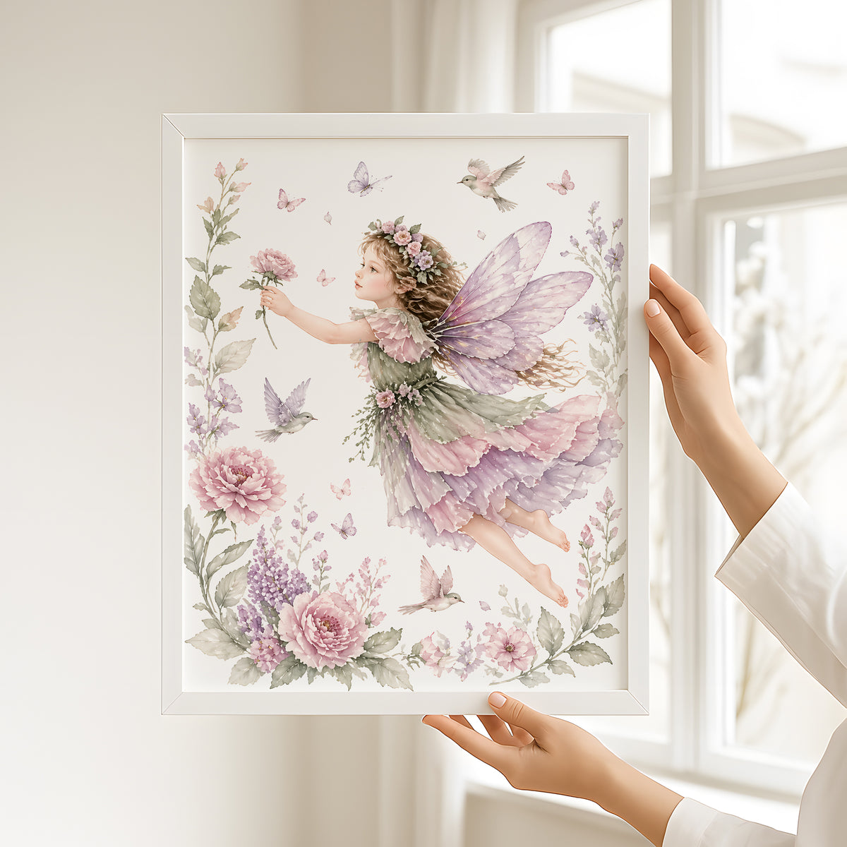 fairy themed personalized wall art with pastel flowers and dreamy style