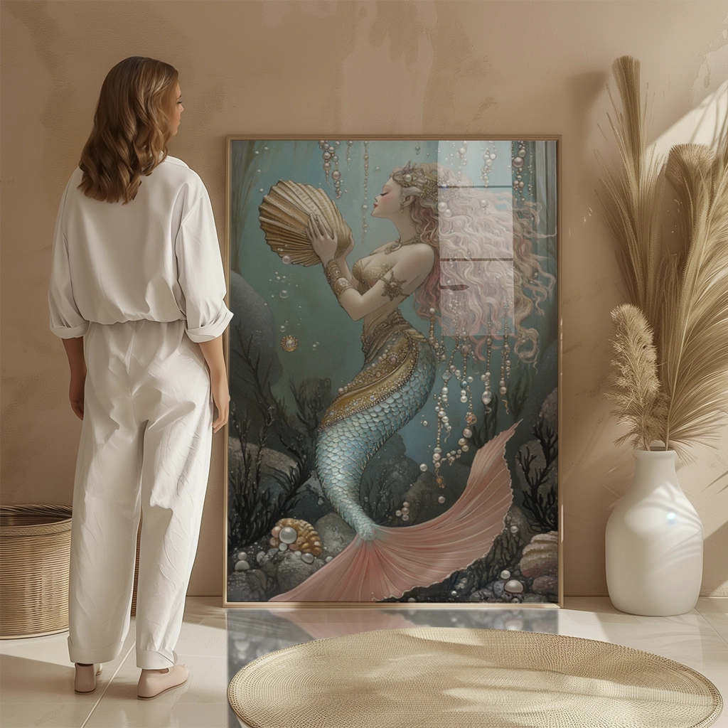 Fantasy-style mermaid in a jeweled outfit and shimmering blue-green tail, gracefully posed underwater.