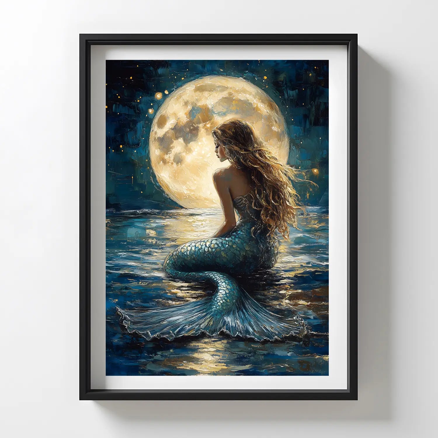Moonlit mermaid with long wavy hair sitting in the ocean, gazing at a glowing full moon in a dreamy fantasy scene.