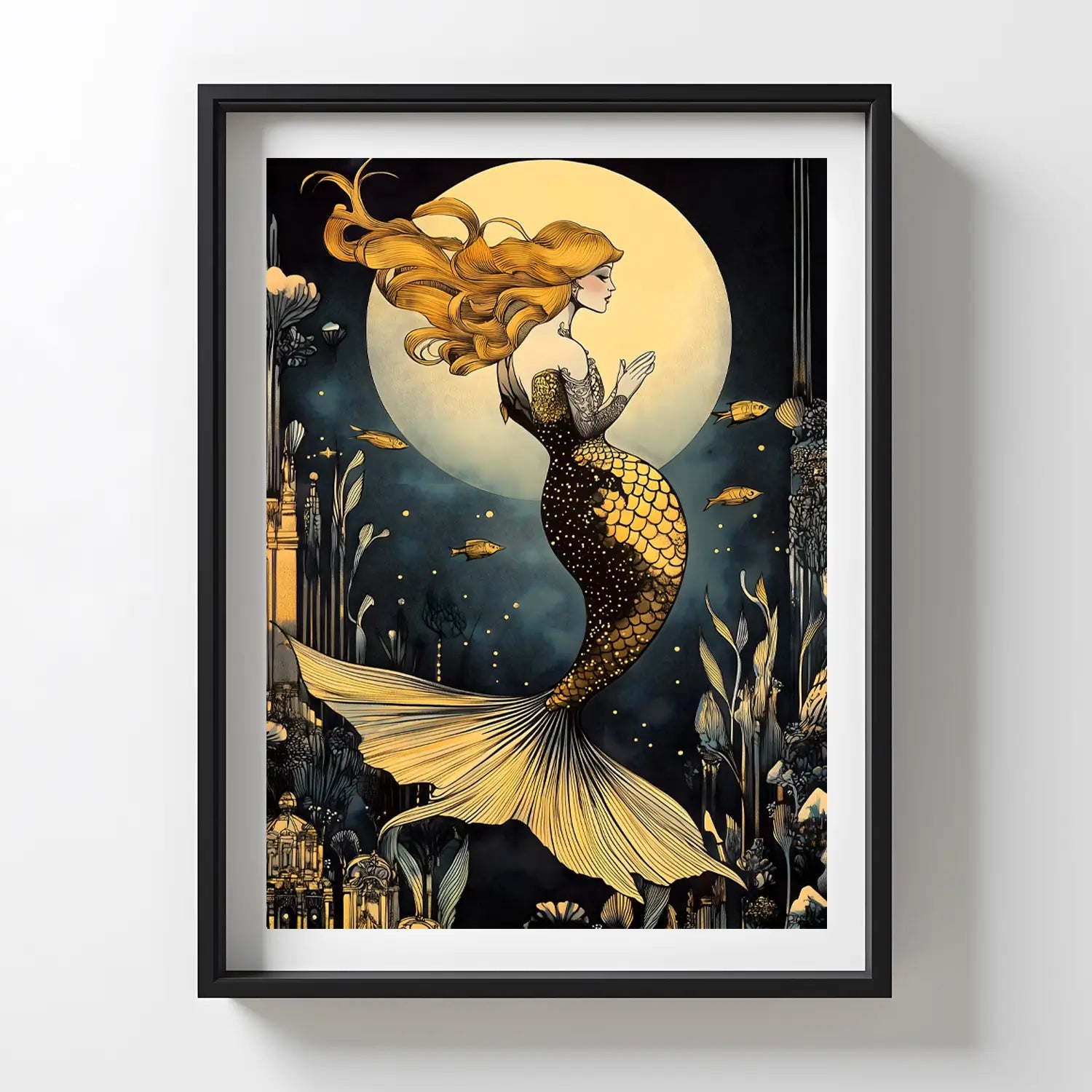 Fantasy mermaid with golden scales and long hair, illuminated by a full moon in a mystical underwater scene with glowing fish.

