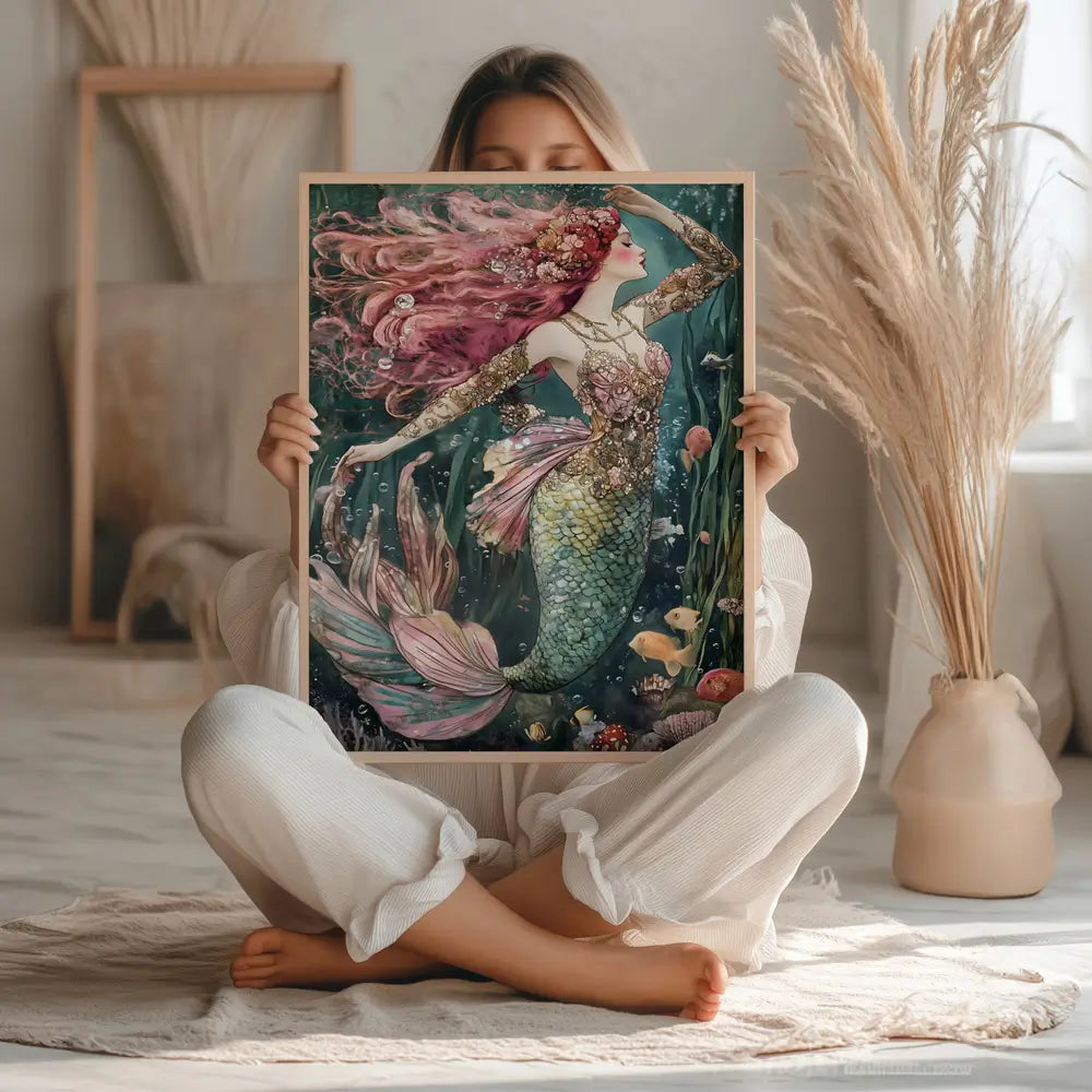 Feminine fantasy mermaid wall art surrounded by coral and sea life