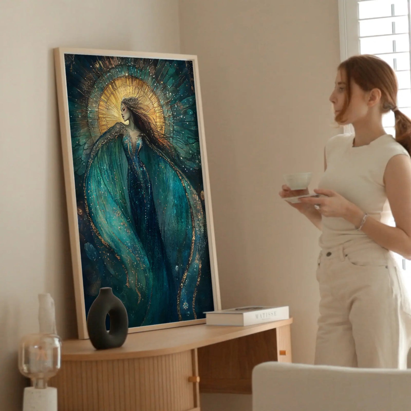 Celestial Goddess wall art print in gold and green tones, feminine mystical decor