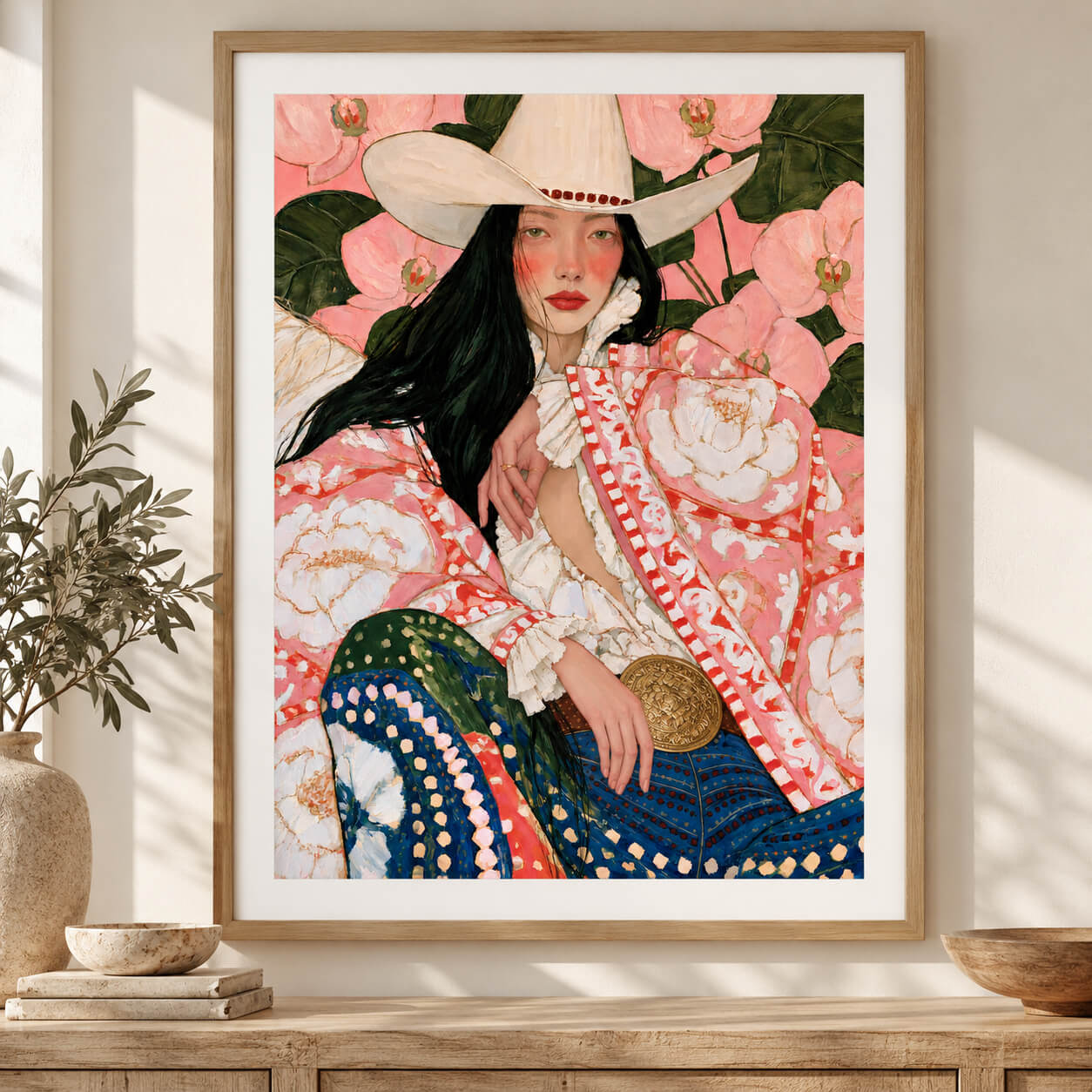 Pink floral cowgirl wall art featuring a woman in a cream cowboy hat, pink floral jacket and ornate gold belt buckle.